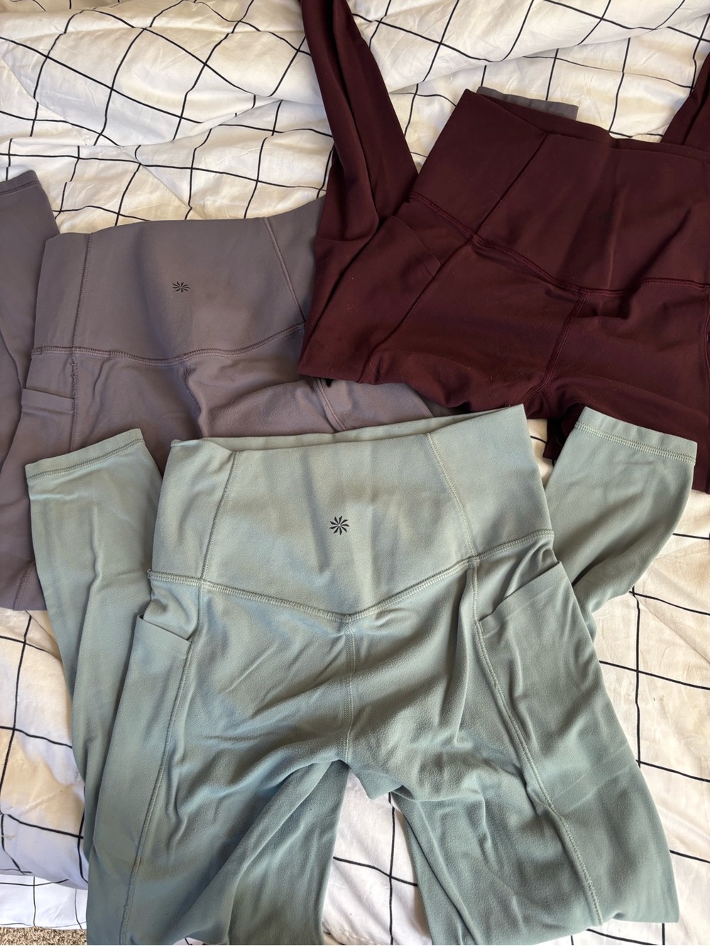 Athleta High-Rise Leggings Trio in Sage, Plum & light purple